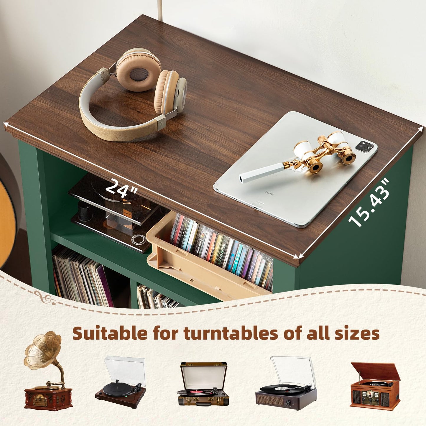 LELELINKY Large Record Player Stand with Vinyl Record Storage, 24" Wide Wood Turntable Stand, Mid-Century Record Player Table Up to 200 Albums