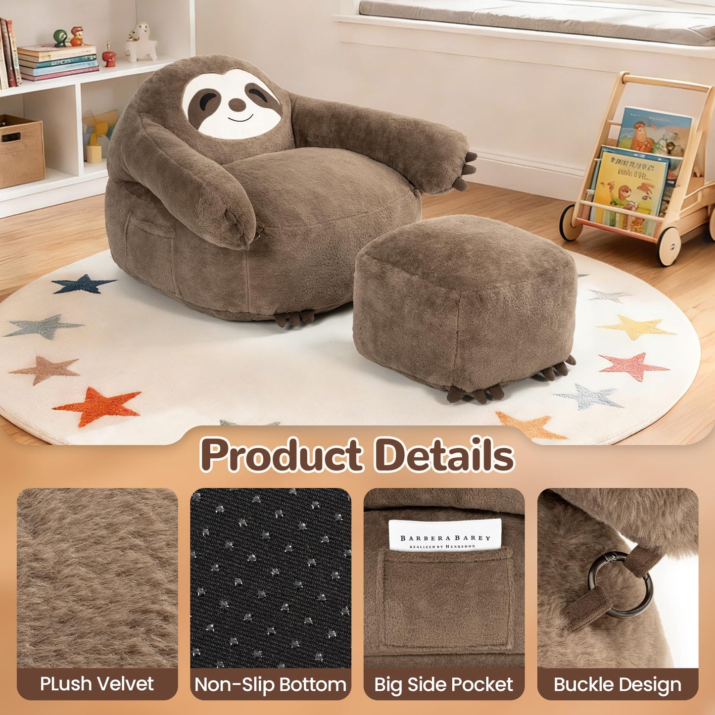 Pamapic Bean Bag Chair, Sloth Bean Bag Chair with Footstool, BeanBag with FIlling Included, Ergonomic Recliner with Detachable Armrest