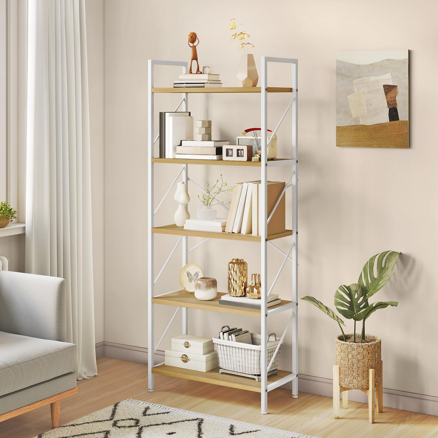 YITAHOME Bookshelf, 5 Tiers Bookcase Tall Book shelf with Metal Frame, Industrial Display Storage Rack