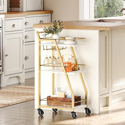 YATINEY Bar Cart, Drinks Trolley with Glass Holder, Serving Trolley on Wheels, Small Gold Bar Cart, Drinks Cart for Bar, Kitchen, Dining