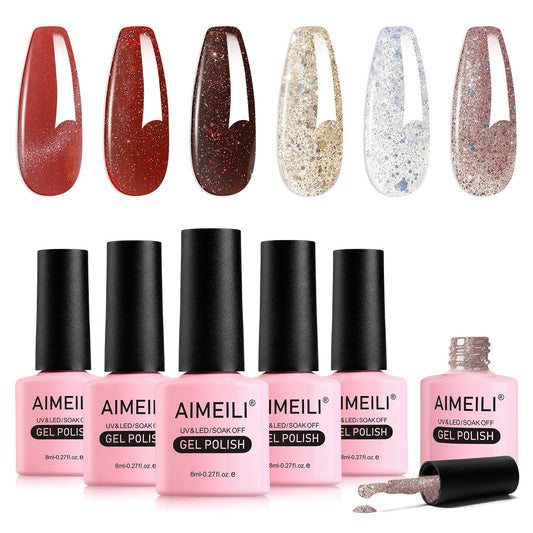 AIMEILI Gel Nail Polish Set, 6pcs Valentine's Day Glitter Red Gel Polish Kit Soak-Off UV/LED for Nail Art Salon DIY Home, Easy to Apply 8ml - Gift Kit