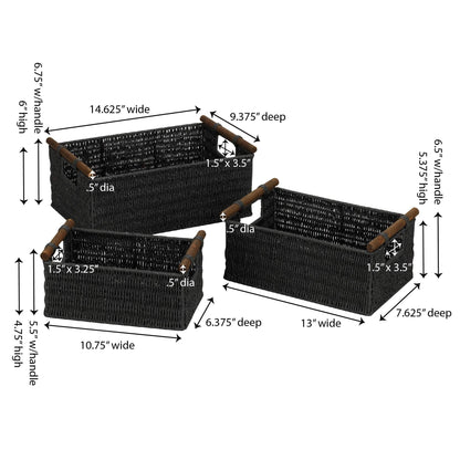 Household Essentials Decorative Woven Baskets, Set of 3 Baskets, Paper Rope with Wood Handles, Sturdy Metal Frame, Small, Medium and Large, Black