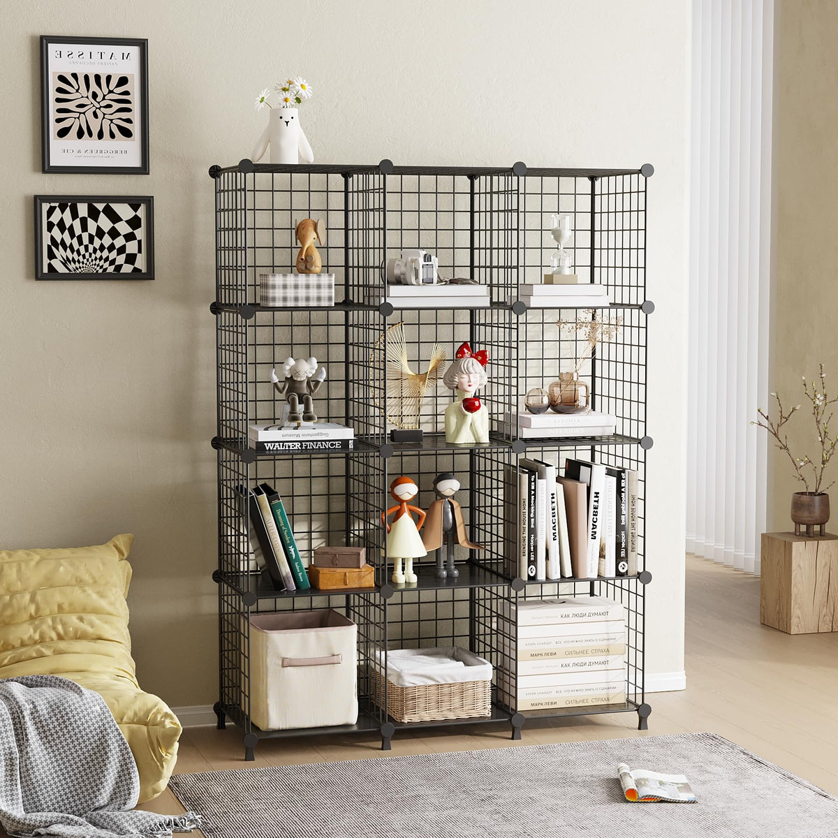 ATTDETJL 12 Cube Storage Unit, Metal Shelving Unit with DIY Bookshelf,Black