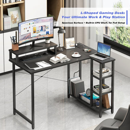 HIHOBDAY L Shaped Gaming Desk 100x70cm, Corner Desk with Monitor Riser, Built-in Power Strip & USB, Headphone Hooks, Multi-Tier Storage Shelves