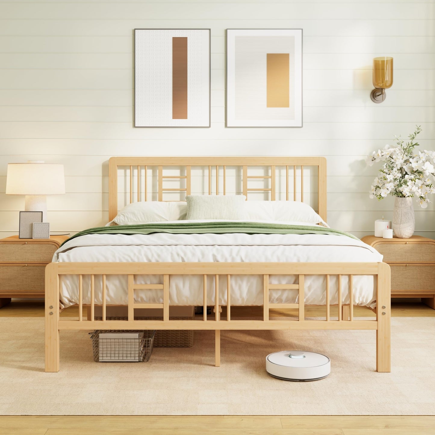 Hunlostten Wooden Double Bed Frame with Headboard - Bamboo Wood Bed Frames with Metal Slats Support and Underbed Storage, Easy to Install, Noise Free