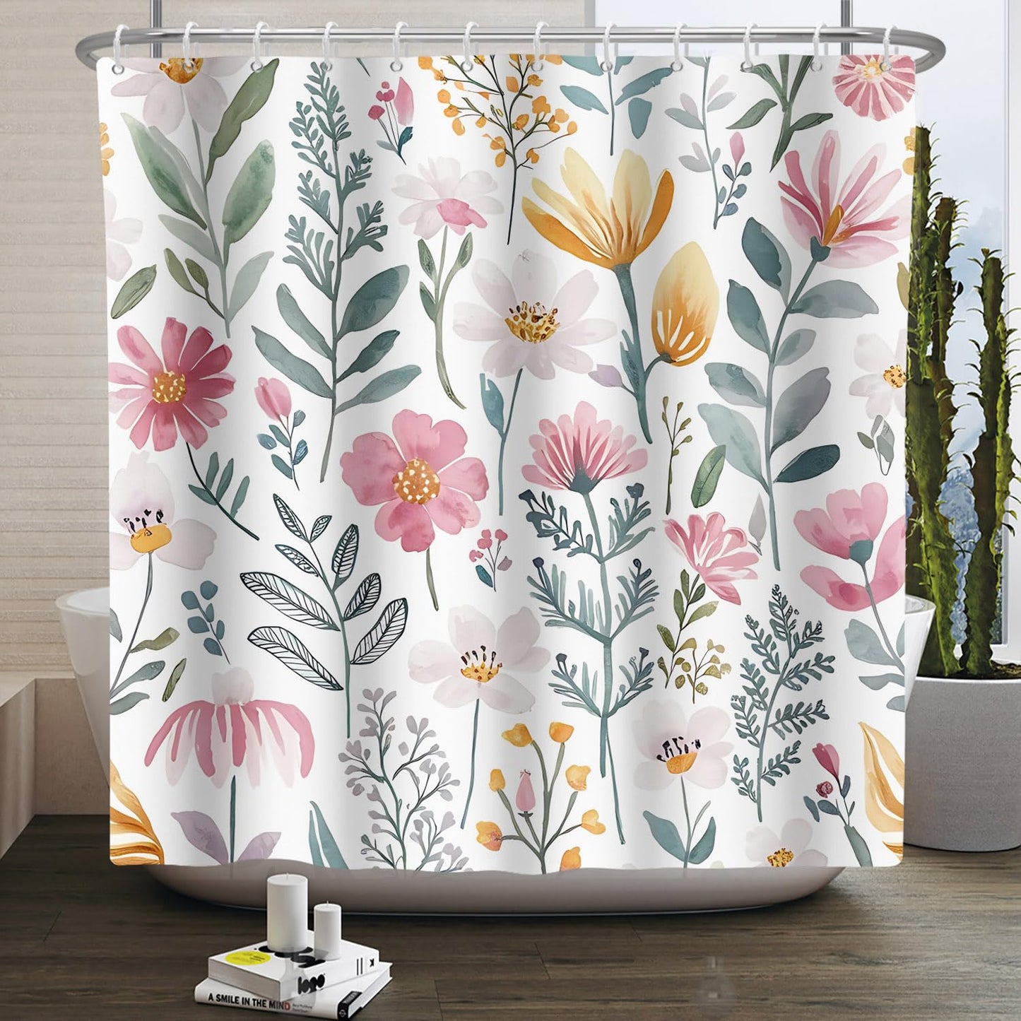 Kzzfqxb 180x200cm Floral Shower Curtains with Plastic Hooks, Botanical Herbs Yellow Pink Flowers Green Leaves Stems Waterproof Occludedant for Bath,