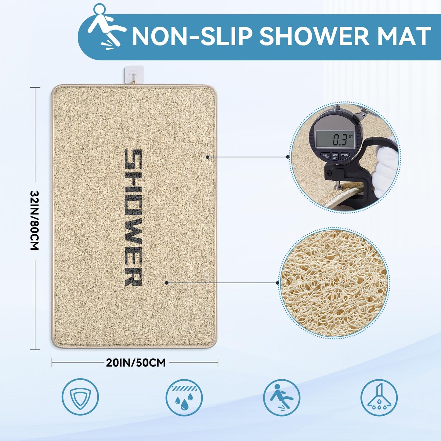 Muecleao Loofah Shower Mat, Non Slip Anti Mould Bath Mats with Reinforced Edge for Inside Shower, Washable Antibacterial Soft PVC Bath Mat with Drain