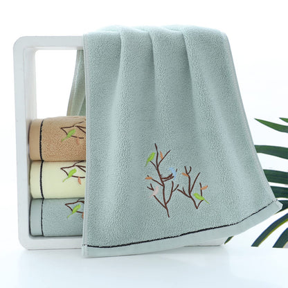 Pidada Hand Towels Set of 2 Embroidered Bird Tree Pattern 100% Cotton Absorbent Soft Decorative Towel for Bathroom 35 x 75 cm (Aqua Green)