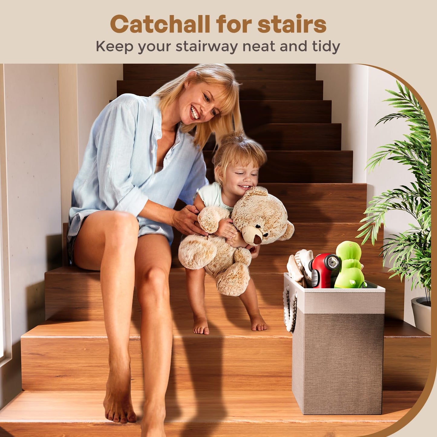 Puricon Flax Basket for Carpeted and Wooden Stairs - Foldable Stair Storage Basket with Handle - Warmgrey, 1 Pack