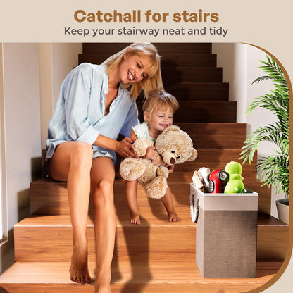 Puricon Flax Basket for Carpeted and Wooden Stairs - Foldable Stair Storage Basket with Handle - Warmgrey, 1 Pack