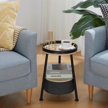 DREAMSOULE Industrial Round Side Table with Storage, Small 2 Tier End Table with Basket and Storage Tray for Indoor Outdoor Patio