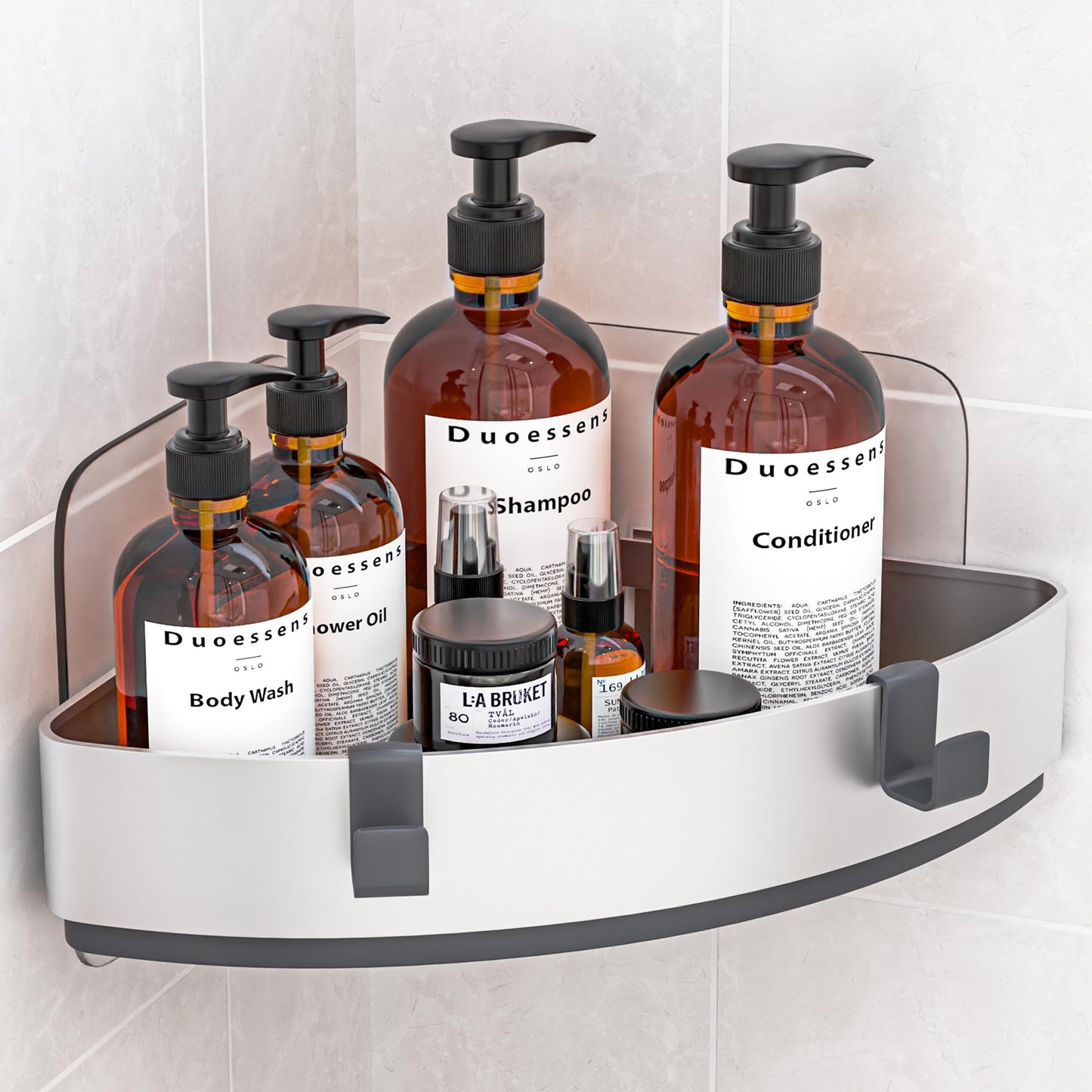 DUOESSENS Corner Shower Caddy - Anodized Aluminum Shower Shelf Corner Rack Organiser with Hooks, Elegant Bathroom Caddy with no drilling and drilled