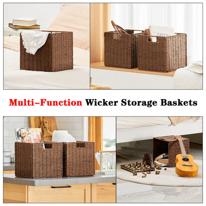 Vagusicc Wicker Storage Basket, Set of 2 Handwoven Wicker Basket, Foldable Storage Baskets Organizer Cube Bins with Handles for Shelves Bathroom