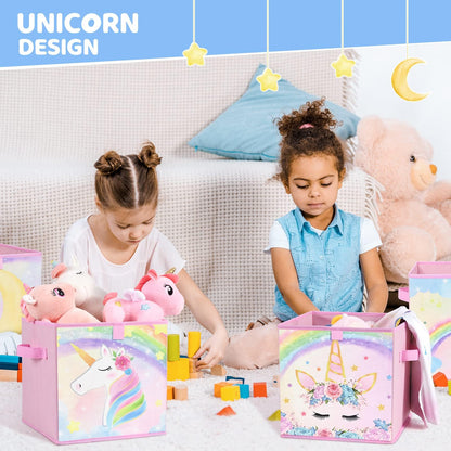 WERNNSAI Unicorn-Themed Storage Bins, Pink, Fabric & Cardboard, 11" x 11" x 11", 4 Pack