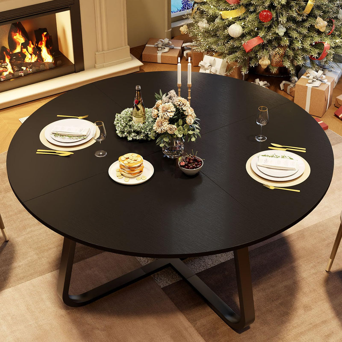 LVB Dining Room Table Modern Round Kitchen Dinner Table 130cm Black Oak