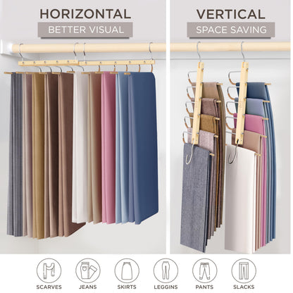 MORALVE Trousers Hangers Space Saving - 2 Pack European Beechwood Scarf and Jeans Hangers - Wardrobe Organiser and Space Saver Trouser Rack