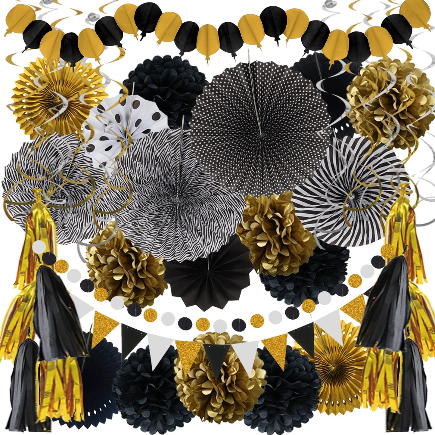 ZERODECO Party Decorations, 41 Pcs Black and Gold Papar Fans Pompoms Garlands String Tissue Paper Tassel for Graduation Congrats Grad New Years