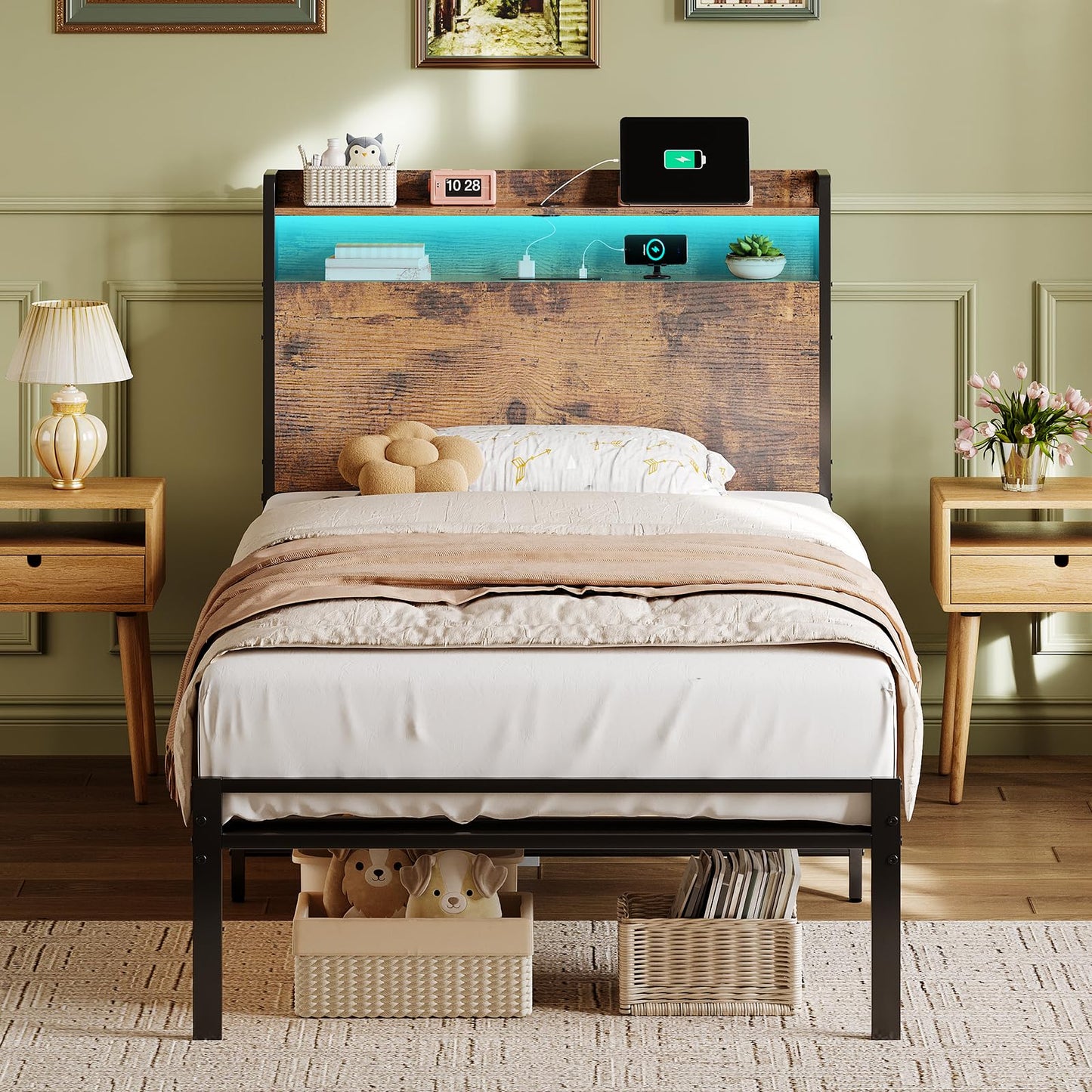 ODK 3ft Single Bed Frame with Storage Wooden Headboard, 90x190cm