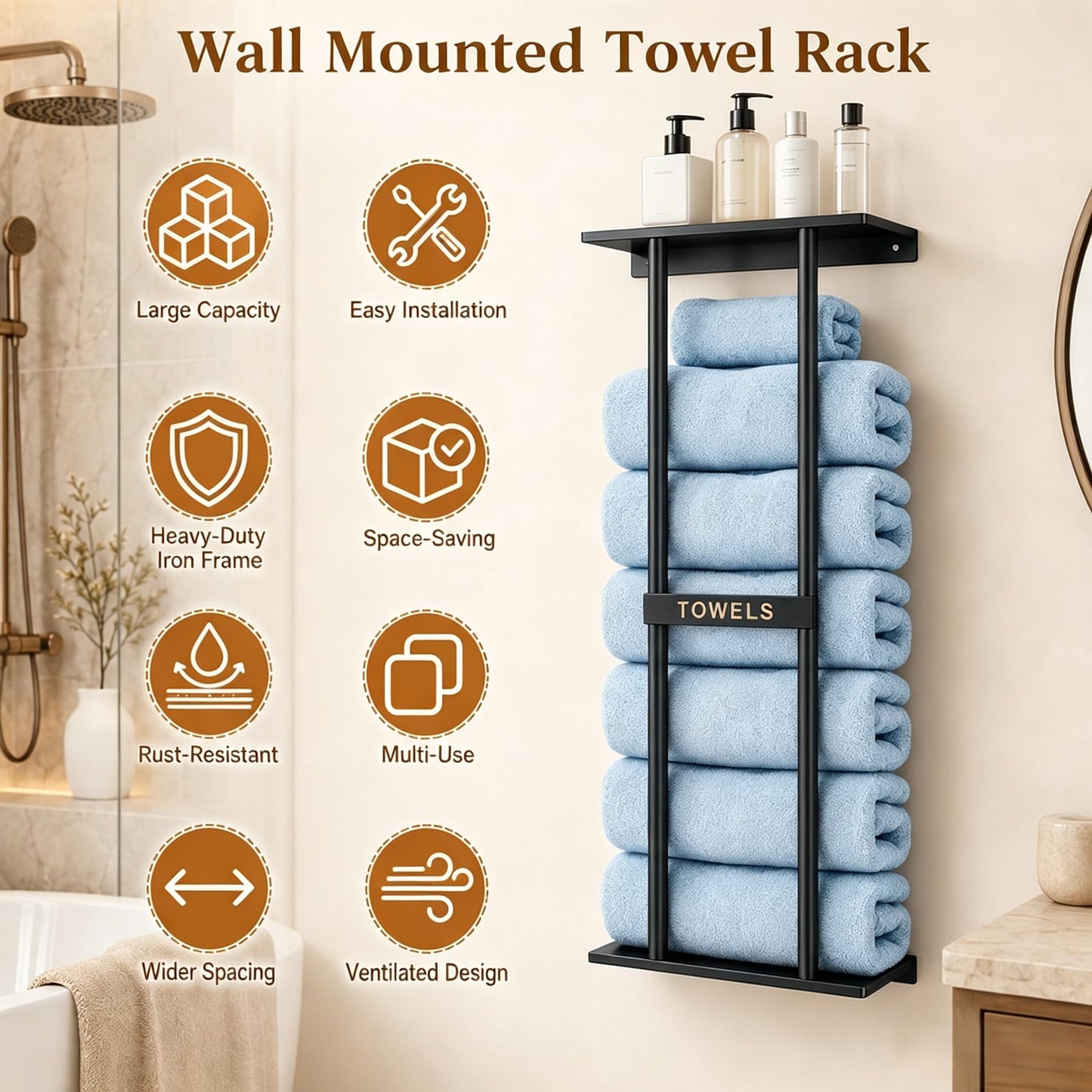 Black Towel Rack Wall Mounted with Shelf, Metal Bathroom Towel Holder