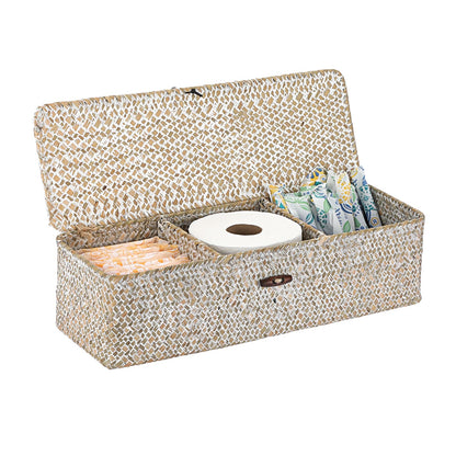 IGNPION 3-Compartment Seagrass Storage Basket with Lid Woven Seagrass Desktop Basket Bathroom Storage Organiser Box