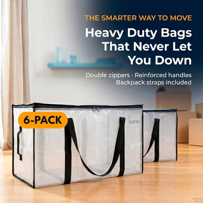 ClearSpace Heavy Duty Moving Bags or Storage Bins with Lids, Clear, 6 Pack