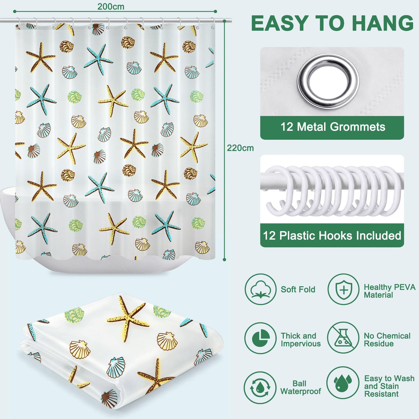 Vllcsla Shower Curtains Mould Proof Resistant Bathroom 220drop, 200x220 cm, Blue Extra Long PEVA Bathroom Bathtub Curtains