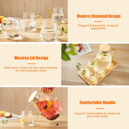 DUJUST Water Jug with 4 Cups, 1 Tray, Elegant Diamond Design Glass Jug with Handle, Decoration for Room, High Durability Pitcher Carafe for Ice Tea