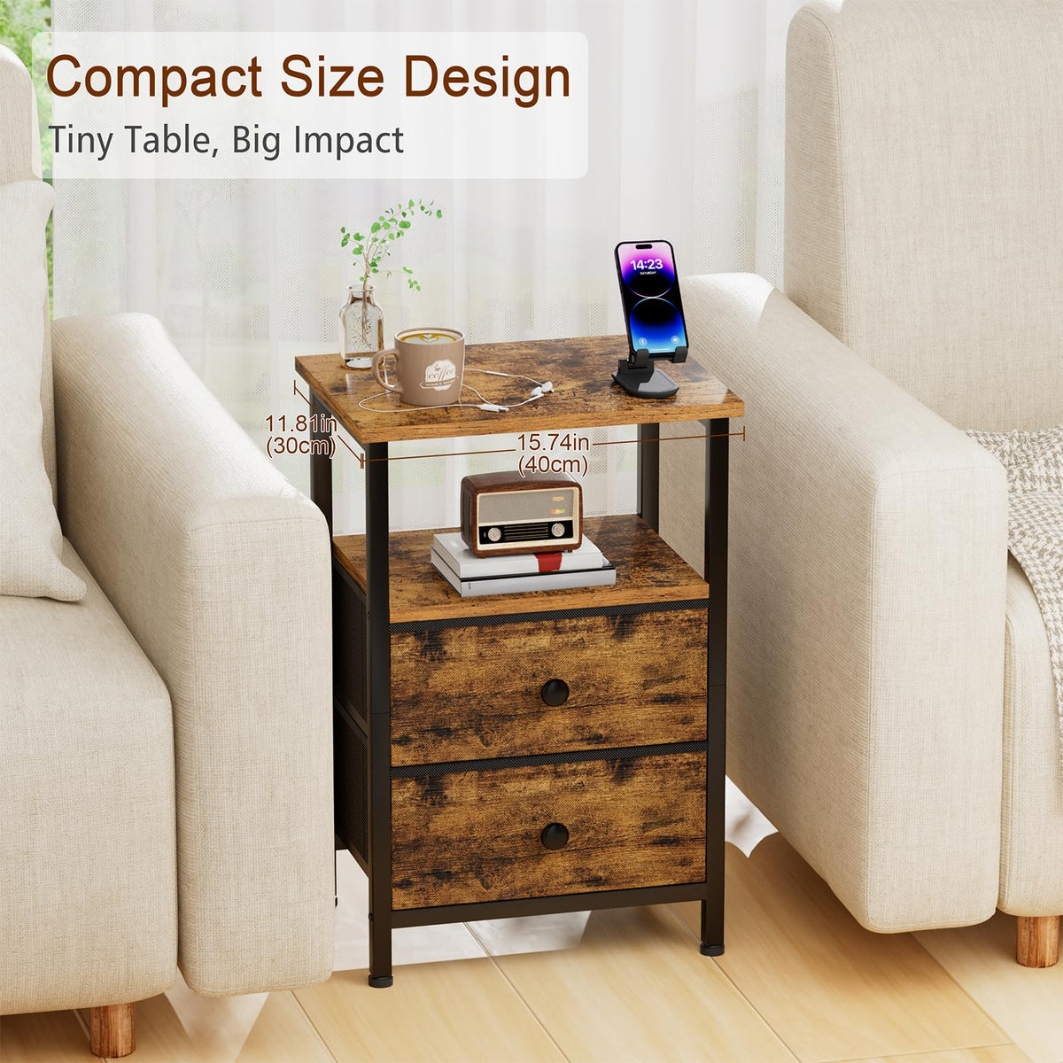 LOAKEKEL Bedside Table, Side Tables Set of 2 with 2 Fabric Drawers