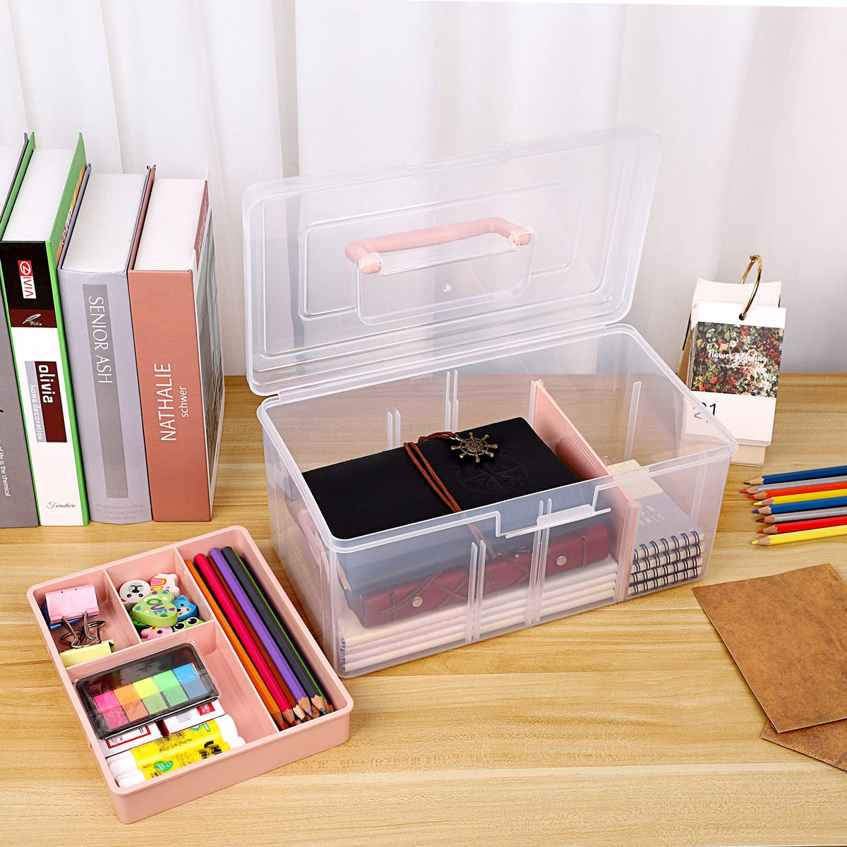IGNPION Craft Storage Box with 7 Compartments, Plastic Organiser Box, Pink
