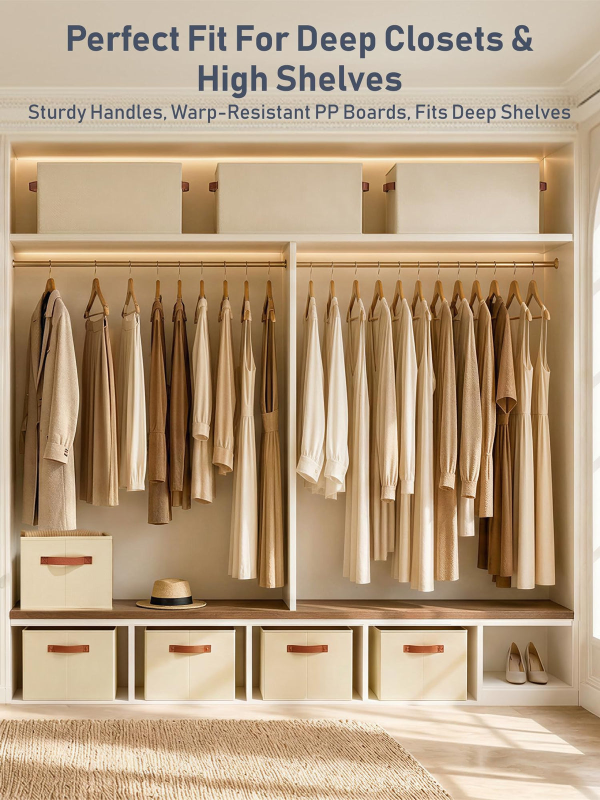 6 Pack Collapsible Fabric Storage Boxes for Wardrobe Shelves, 14"x10",Beige