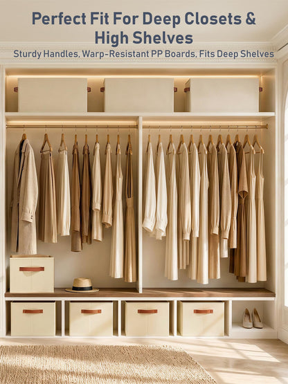 6 Pack Collapsible Fabric Storage Boxes for Wardrobe Shelves, 14"x10",Beige