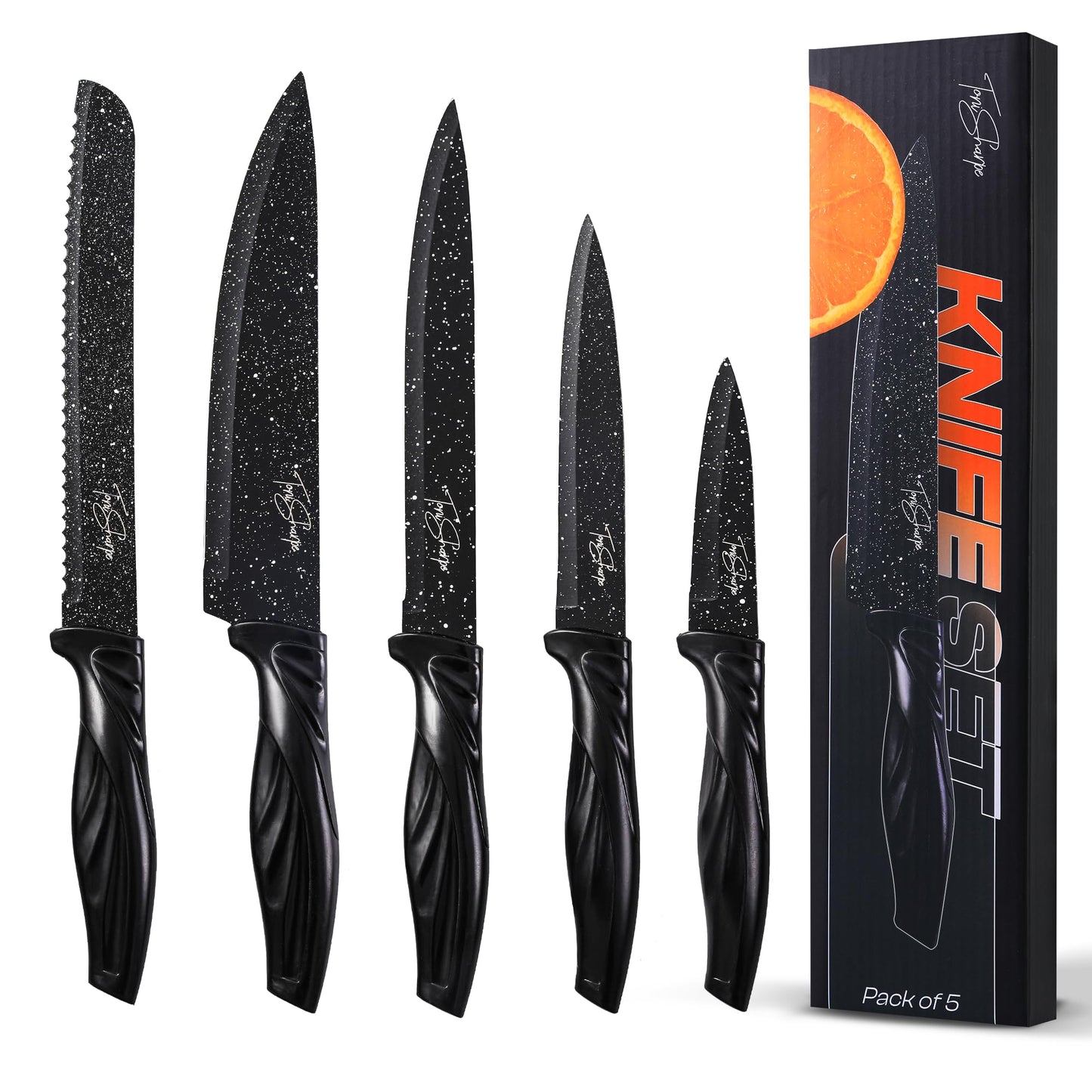 Toni Sharpe Kitchen Knife Set of 5 Black Dotted Knives with Ergonomic Handle - Stainless Steel Chef, Carving, Bread, Utility and Paring Knife for