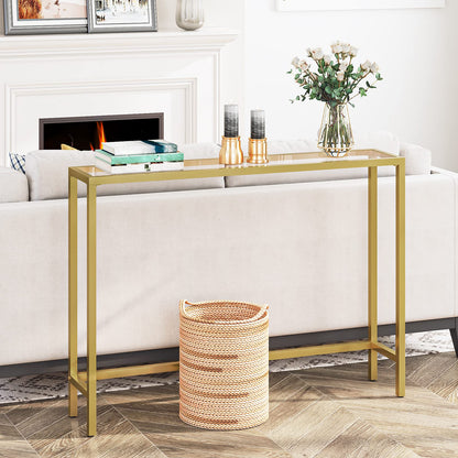 HOOBRO Gold Console Table for Hallway Slim, 100 cm Tempered Glass Sofa Table, Slim Hallway Table, Glass Console Table, Modern Display Table for Living