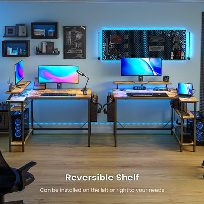 DOMSHOCT L Shaped Gaming Desk with LED Lights & Power Outlets, 120 * 80cm Corner Computer Table with Storage Bag & Adjustable Shelves & Large Monitor