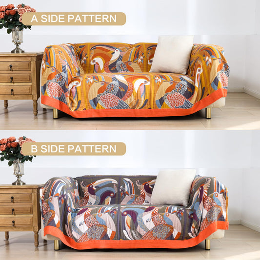 VANJOROY Double-sided Sofa Large Bed Throw Blanket, 100% Organic Cotton Warm Soft Bohemian Throw for 2 3 Seater Settees Armchair Couch and Bed.