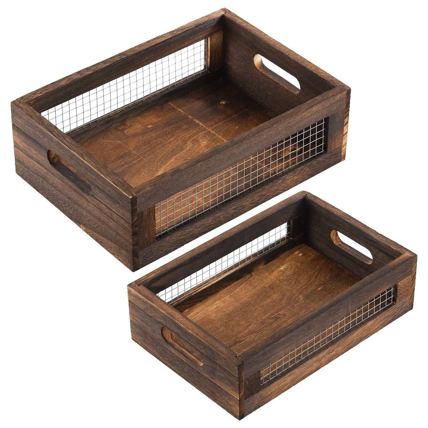 Dicunoy Set of 2 Rustic Wooden Storage Crates, Nesting Organizer Boxes, Small Decorative Wood Wire Containers with Handle for Countertop, Fruit