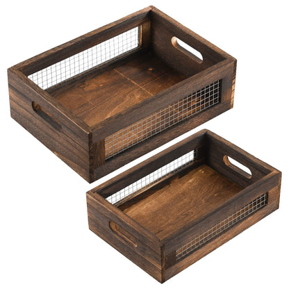 Dicunoy Set of 2 Rustic Wooden Storage Crates, Nesting Organizer Boxes, Small Decorative Wood Wire Containers with Handle for Countertop, Fruit