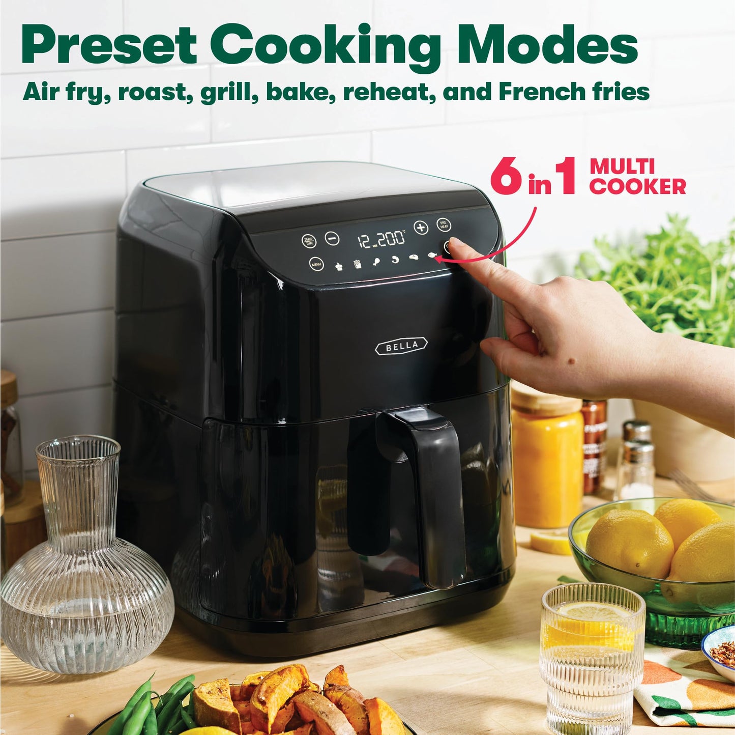 BELLA 6 L Touchscreen Air Fryer with Preset Cooking Modes and Removable Nonstick Dishwasher Safe Crisping Tray and Basket, 1500 Watt Heating System,