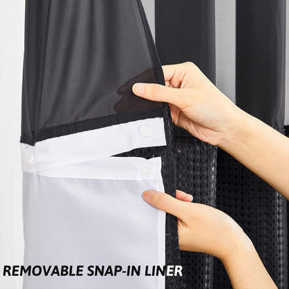 Furlinic Shower Curtain Hookless Black Jacquard Waffle Fabric 75inch Long Weighted Anti Mould with White Polyester Snap in Liner and Mesh Curtains