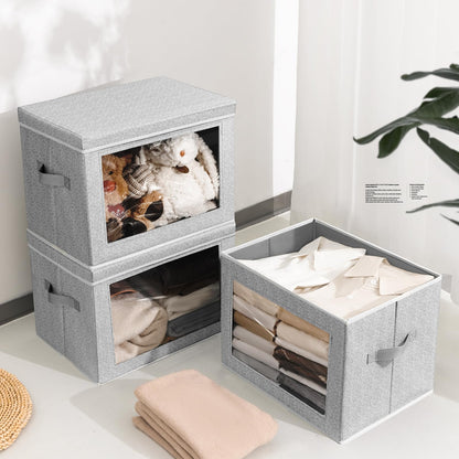 Homsorout 3 Pack Storage Boxes with Lids Foldable Storage Cubes with Transparent Window Fabric Storage Organiser Box for Toys, Clothes, Books
