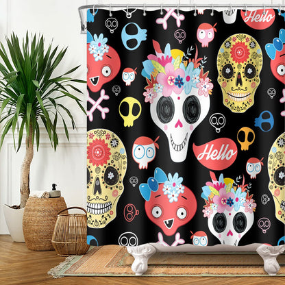 SDOTPMT 122x183cm Gothic Sugar Skull Shower Curtain Funny Cartoon Human Skeleton Flower Bath Curtain Day of The Dead Mexico Black Bathtub Curtain for