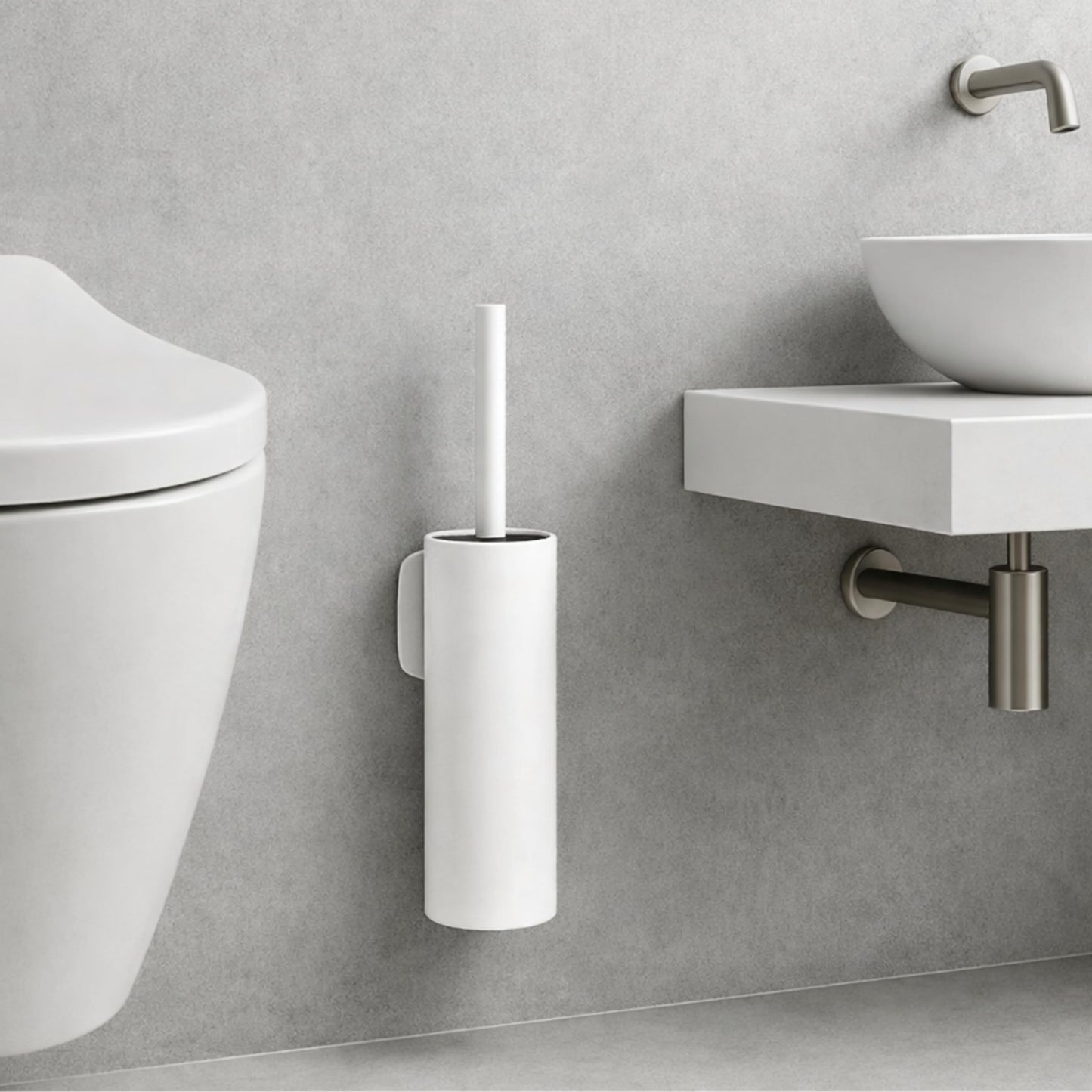 White Wall Mounted Toilet Brush & Holder – Silicone Toilet Brush, Matte White 304 Stainless Steel, Self-Adhesive or Screw Fixing