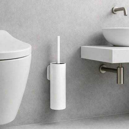 White Wall Mounted Toilet Brush & Holder – Silicone Toilet Brush, Matte White 304 Stainless Steel, Self-Adhesive or Screw Fixing
