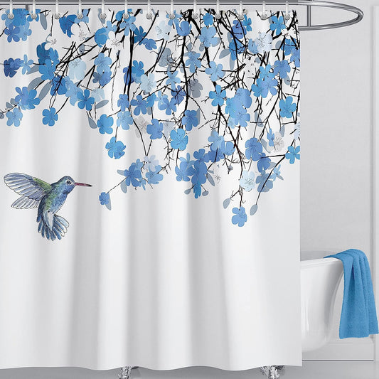 LIVETTY Shower Curtains Blue Birds Shower Curtain 200 x 200 cm Plants Bathroom Curtain Floral Polyester Fabric Bath Curtain with 12 Hooks Washable