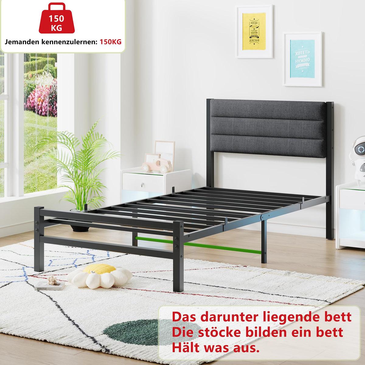 JUISSANO Upholstered Bed 90 x 200 cm Youth Bed Single Bed Metal Bed Frame Bed 90 x 200 cm with Metal Slatted Frame