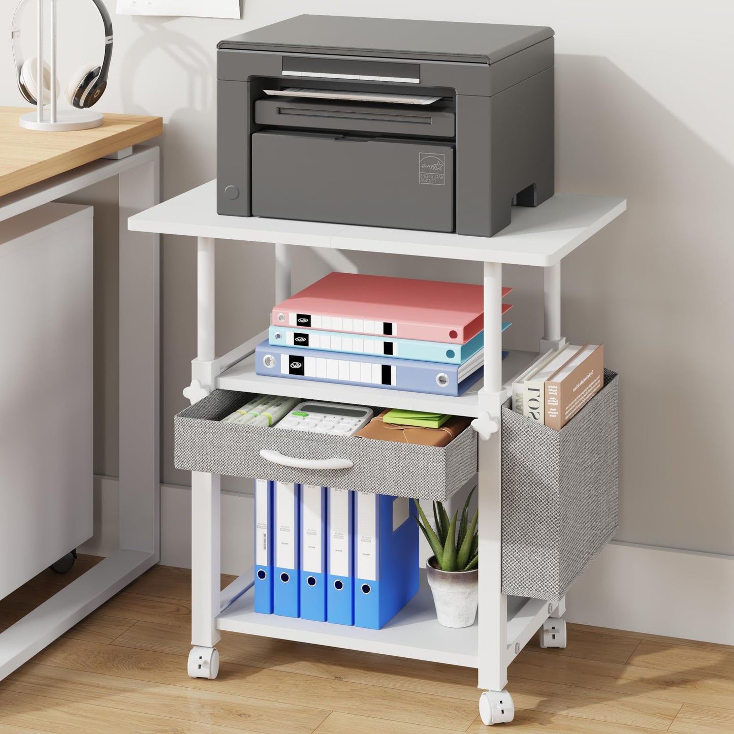 OYRREU 3 Tier Printer Stand on Wheels, Height Adjustable Mobile Table White