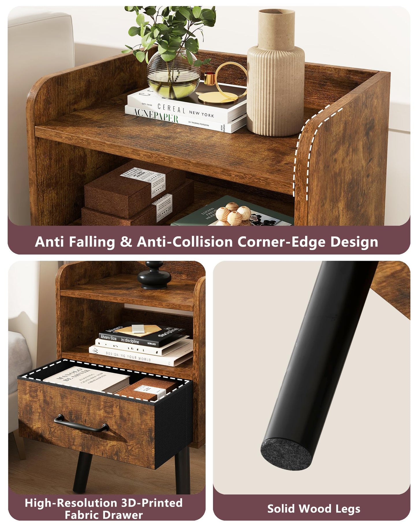 YMYNY Bedside Table Set of 2, Nightstand, Side Table, Wooden Sofa End Table with Fabric Drawer, Open Shelf, Solid Wood Legs, 39x29x63 cm, for Bedroom