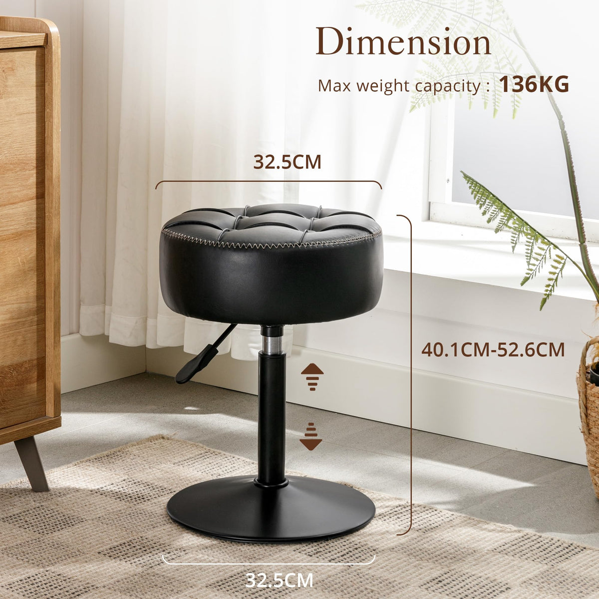 LUE BONA Modern Black Faux Leather 360° Swivel Vanity Stool, Height Adjustable Dressing Table Stool, Tufted Design, 40 to 52 cm, 136 kg Max Weight
