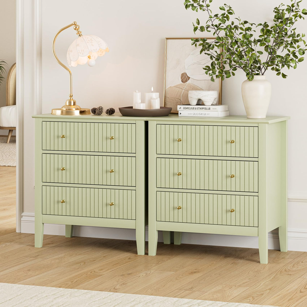 Apetaccat Large Bedside Table Bedroom, 3 Drawer Chest of Drawers, Bedside Cabinet With Metal Handles,for Bedroom Livingroom,Hallway,Green