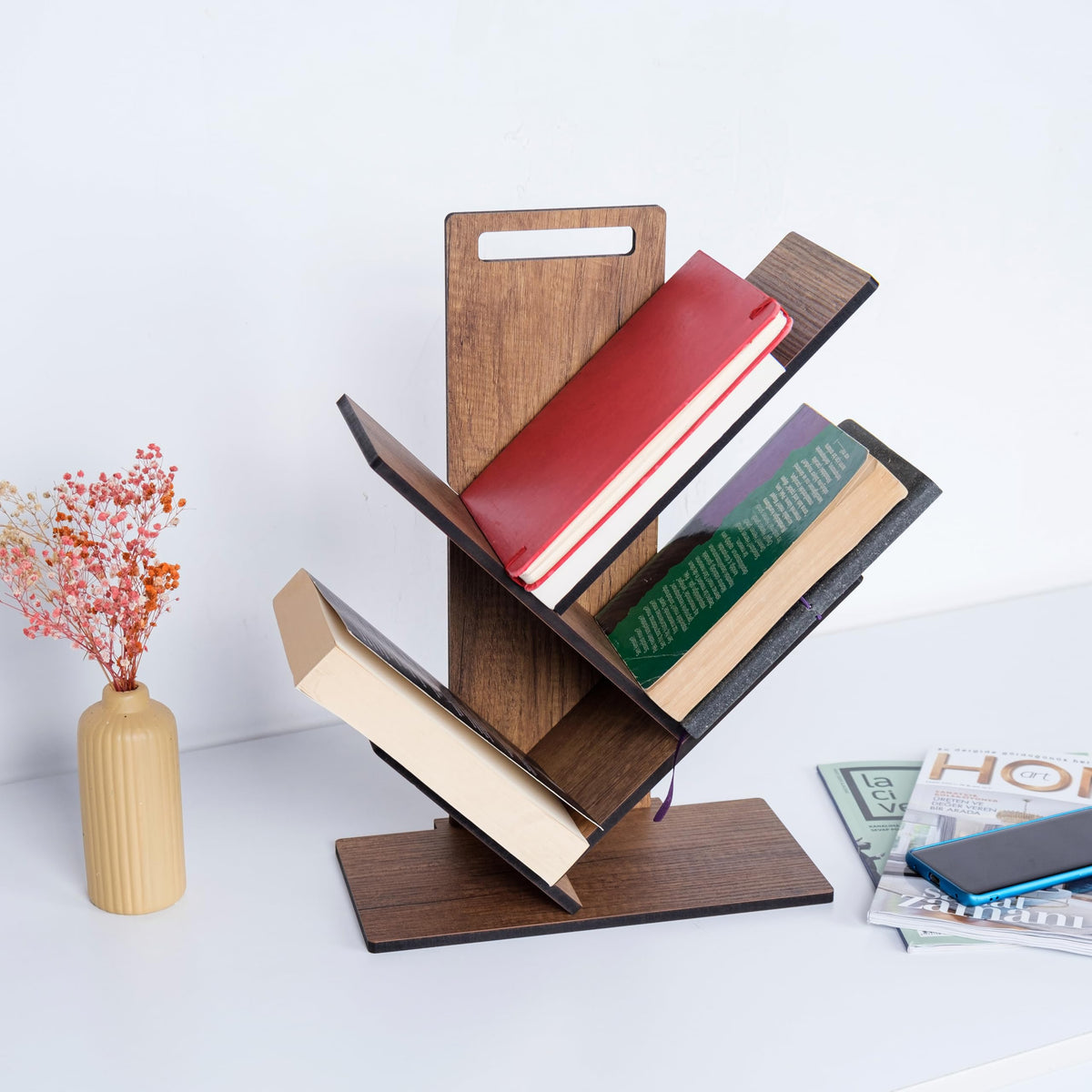 vigowood Tree Bookshelf with 3 Shelves, Geometric Design, Small Size, Wood Construction